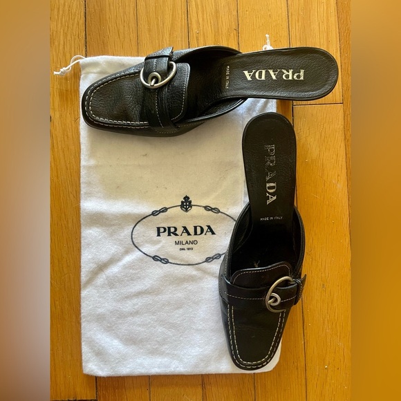 Prada Kitten Heel Black Leather Mules Size EU 37 1/2 preloved good condition - Picture 1 of 5